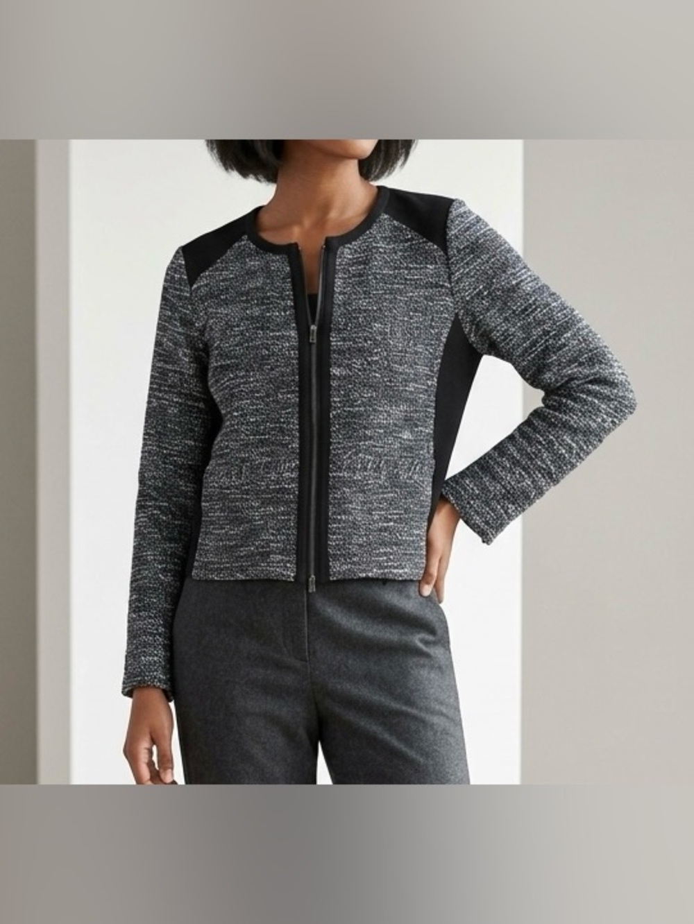 Eileen Fisher Tweed Knit Zip Jacket Black White Cotton Blazer Size Petite S